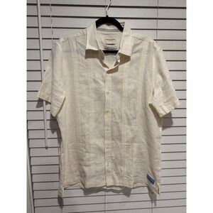 Scotch & Soda Mens Linen Blend Pintuck Short Sleeve Button Down Shirt Cream L